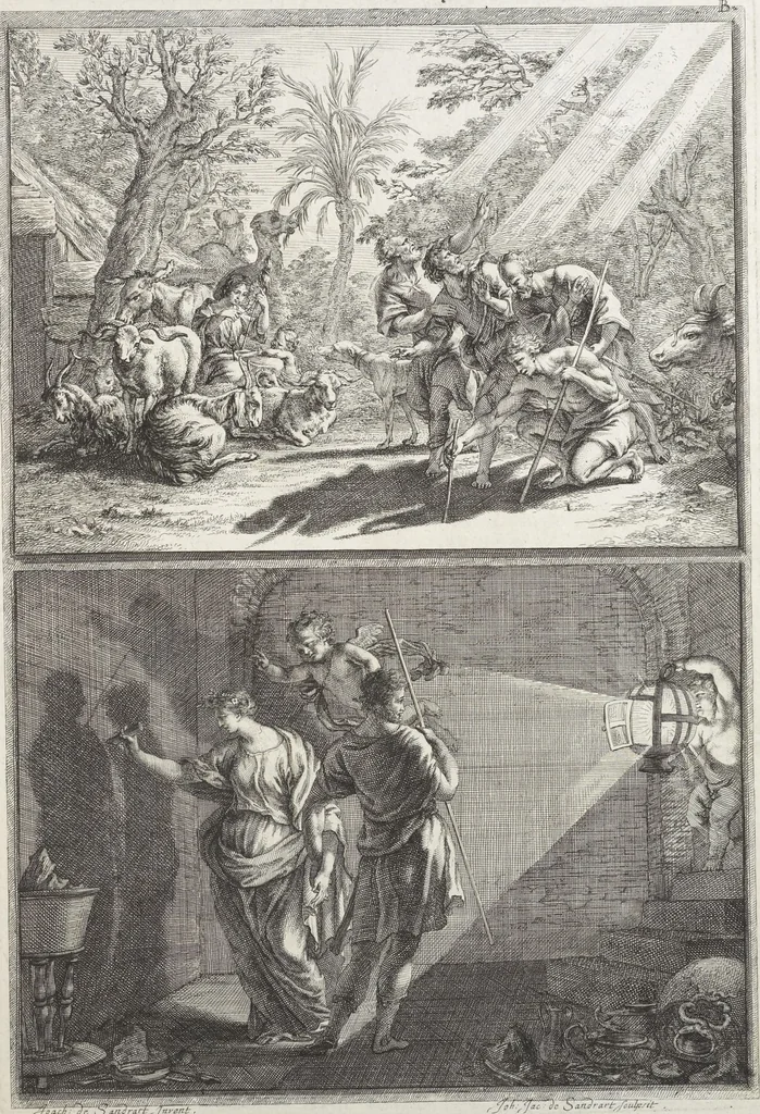 An illustration from Joachimi de Sandrart, à Stockau ... Academia nobilissimae artis pictoriae, sive, De veris & genuinis hujusdem proprietatibus, theorematibus, secretis atque requisitis aliis ... : unà cum artificum tam Aegyptiorum, Graecorum & Romanorum, quàm Italorum, Gallorum, Anglorum, Germanorum, Belgarum, aliorumq[ue] ... vitis atque encomiis ... : eorundemque plusquàm ducentis iconibus ... aere expressis, erecta atq[ue] publicata, 1683, leaf 70