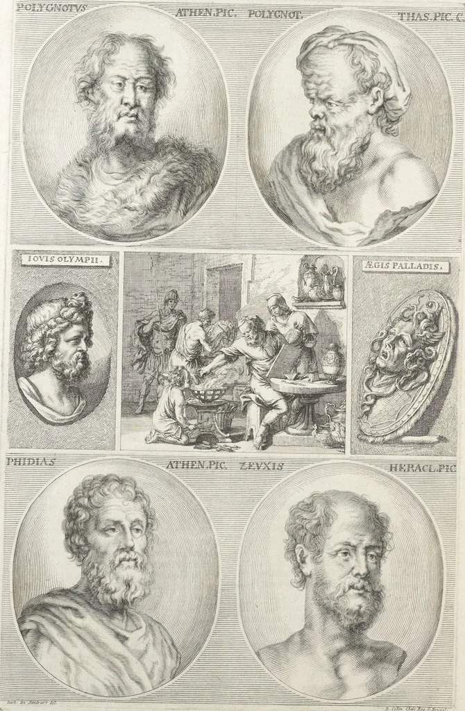 An illustration from Joachimi de Sandrart, à Stockau ... Academia nobilissimae artis pictoriae, sive, De veris & genuinis hujusdem proprietatibus, theorematibus, secretis atque requisitis aliis ... : unà cum artificum tam Aegyptiorum, Graecorum & Romanorum, quàm Italorum, Gallorum, Anglorum, Germanorum, Belgarum, aliorumq[ue] ... vitis atque encomiis ... : eorundemque plusquàm ducentis iconibus ... aere expressis, erecta atq[ue] publicata, 1683, leaf 85