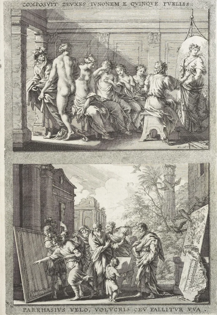 An illustration from Joachimi de Sandrart, à Stockau ... Academia nobilissimae artis pictoriae, sive, De veris & genuinis hujusdem proprietatibus, theorematibus, secretis atque requisitis aliis ... : unà cum artificum tam Aegyptiorum, Graecorum & Romanorum, quàm Italorum, Gallorum, Anglorum, Germanorum, Belgarum, aliorumq[ue] ... vitis atque encomiis ... : eorundemque plusquàm ducentis iconibus ... aere expressis, erecta atq[ue] publicata, 1683, leaf 92
