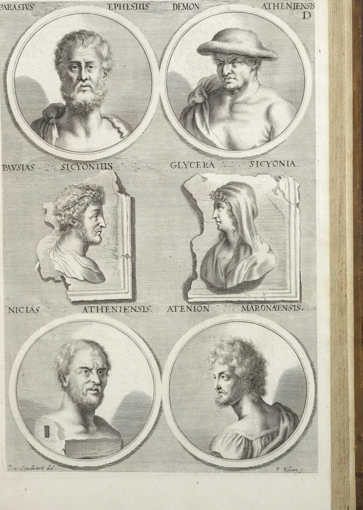 An illustration from Joachimi de Sandrart, à Stockau ... Academia nobilissimae artis pictoriae, sive, De veris & genuinis hujusdem proprietatibus, theorematibus, secretis atque requisitis aliis ... : unà cum artificum tam Aegyptiorum, Graecorum & Romanorum, quàm Italorum, Gallorum, Anglorum, Germanorum, Belgarum, aliorumq[ue] ... vitis atque encomiis ... : eorundemque plusquàm ducentis iconibus ... aere expressis, erecta atq[ue] publicata, 1683, leaf 98