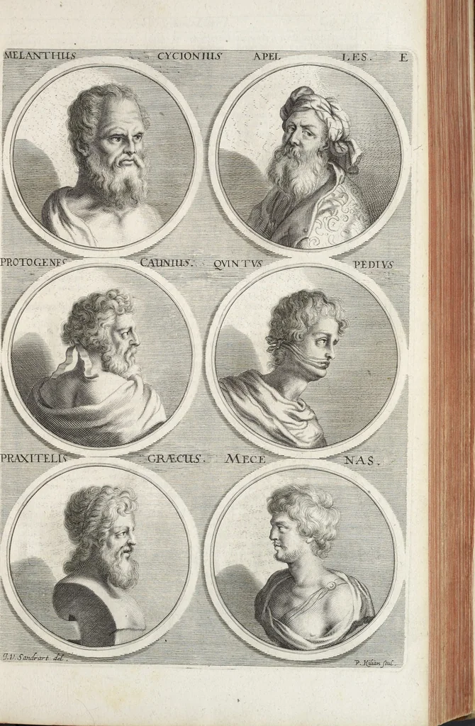An illustration from Joachimi de Sandrart, à Stockau ... Academia nobilissimae artis pictoriae, sive, De veris & genuinis hujusdem proprietatibus, theorematibus, secretis atque requisitis aliis ... : unà cum artificum tam Aegyptiorum, Graecorum & Romanorum, quàm Italorum, Gallorum, Anglorum, Germanorum, Belgarum, aliorumq[ue] ... vitis atque encomiis ... : eorundemque plusquàm ducentis iconibus ... aere expressis, erecta atq[ue] publicata, 1683, leaf 106