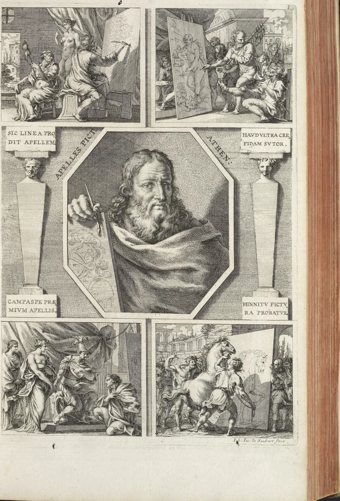 An illustration from Joachimi de Sandrart, à Stockau ... Academia nobilissimae artis pictoriae, sive, De veris & genuinis hujusdem proprietatibus, theorematibus, secretis atque requisitis aliis ... : unà cum artificum tam Aegyptiorum, Graecorum & Romanorum, quàm Italorum, Gallorum, Anglorum, Germanorum, Belgarum, aliorumq[ue] ... vitis atque encomiis ... : eorundemque plusquàm ducentis iconibus ... aere expressis, erecta atq[ue] publicata, 1683, leaf 112