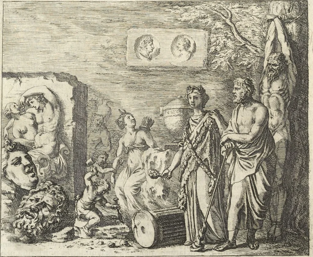 An illustration from Joachimi de Sandrart, à Stockau ... Academia nobilissimae artis pictoriae, sive, De veris & genuinis hujusdem proprietatibus, theorematibus, secretis atque requisitis aliis ... : unà cum artificum tam Aegyptiorum, Graecorum & Romanorum, quàm Italorum, Gallorum, Anglorum, Germanorum, Belgarum, aliorumq[ue] ... vitis atque encomiis ... : eorundemque plusquàm ducentis iconibus ... aere expressis, erecta atq[ue] publicata, 1683, leaf 143