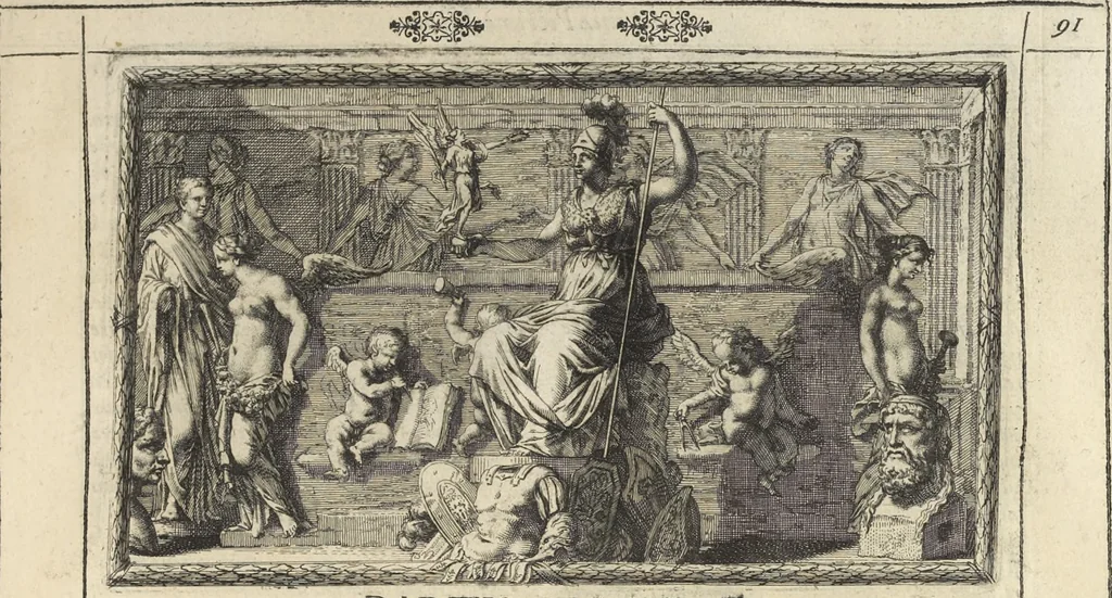 An illustration from Joachimi de Sandrart, à Stockau ... Academia nobilissimae artis pictoriae, sive, De veris & genuinis hujusdem proprietatibus, theorematibus, secretis atque requisitis aliis ... : unà cum artificum tam Aegyptiorum, Graecorum & Romanorum, quàm Italorum, Gallorum, Anglorum, Germanorum, Belgarum, aliorumq[ue] ... vitis atque encomiis ... : eorundemque plusquàm ducentis iconibus ... aere expressis, erecta atq[ue] publicata, 1683, leaf 146