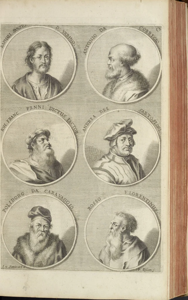 An illustration from Joachimi de Sandrart, à Stockau ... Academia nobilissimae artis pictoriae, sive, De veris & genuinis hujusdem proprietatibus, theorematibus, secretis atque requisitis aliis ... : unà cum artificum tam Aegyptiorum, Graecorum & Romanorum, quàm Italorum, Gallorum, Anglorum, Germanorum, Belgarum, aliorumq[ue] ... vitis atque encomiis ... : eorundemque plusquàm ducentis iconibus ... aere expressis, erecta atq[ue] publicata, 1683, leaf 182