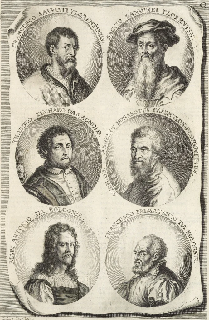 An illustration from Joachimi de Sandrart, à Stockau ... Academia nobilissimae artis pictoriae, sive, De veris & genuinis hujusdem proprietatibus, theorematibus, secretis atque requisitis aliis ... : unà cum artificum tam Aegyptiorum, Graecorum & Romanorum, quàm Italorum, Gallorum, Anglorum, Germanorum, Belgarum, aliorumq[ue] ... vitis atque encomiis ... : eorundemque plusquàm ducentis iconibus ... aere expressis, erecta atq[ue] publicata, 1683, leaf 222