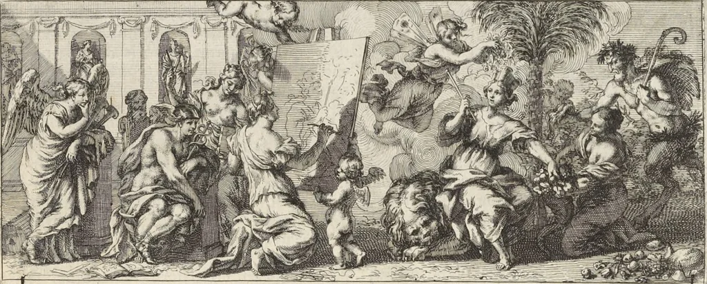 An illustration from Joachimi de Sandrart, à Stockau ... Academia nobilissimae artis pictoriae, sive, De veris & genuinis hujusdem proprietatibus, theorematibus, secretis atque requisitis aliis ... : unà cum artificum tam Aegyptiorum, Graecorum & Romanorum, quàm Italorum, Gallorum, Anglorum, Germanorum, Belgarum, aliorumq[ue] ... vitis atque encomiis ... : eorundemque plusquàm ducentis iconibus ... aere expressis, erecta atq[ue] publicata, 1683, leaf 26