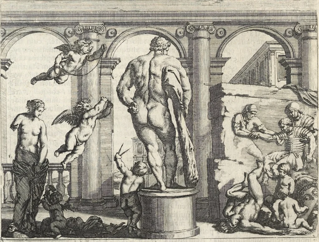 An illustration from Joachimi de Sandrart, à Stockau ... Academia nobilissimae artis pictoriae, sive, De veris & genuinis hujusdem proprietatibus, theorematibus, secretis atque requisitis aliis ... : unà cum artificum tam Aegyptiorum, Graecorum & Romanorum, quàm Italorum, Gallorum, Anglorum, Germanorum, Belgarum, aliorumq[ue] ... vitis atque encomiis ... : eorundemque plusquàm ducentis iconibus ... aere expressis, erecta atq[ue] publicata, 1683, leaf 273