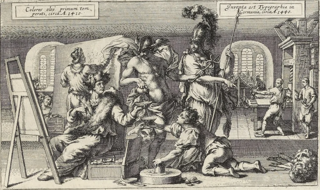 An illustration from Joachimi de Sandrart, à Stockau ... Academia nobilissimae artis pictoriae, sive, De veris & genuinis hujusdem proprietatibus, theorematibus, secretis atque requisitis aliis ... : unà cum artificum tam Aegyptiorum, Graecorum & Romanorum, quàm Italorum, Gallorum, Anglorum, Germanorum, Belgarum, aliorumq[ue] ... vitis atque encomiis ... : eorundemque plusquàm ducentis iconibus ... aere expressis, erecta atq[ue] publicata, 1683, leaf 274