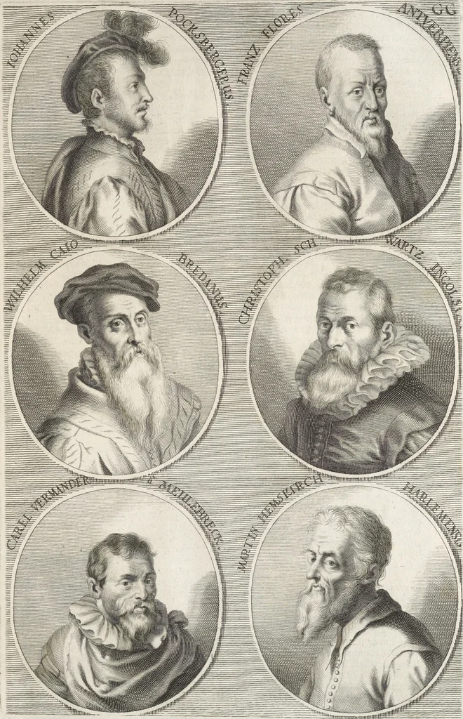 An illustration from Joachimi de Sandrart, à Stockau ... Academia nobilissimae artis pictoriae, sive, De veris & genuinis hujusdem proprietatibus, theorematibus, secretis atque requisitis aliis ... : unà cum artificum tam Aegyptiorum, Graecorum & Romanorum, quàm Italorum, Gallorum, Anglorum, Germanorum, Belgarum, aliorumq[ue] ... vitis atque encomiis ... : eorundemque plusquàm ducentis iconibus ... aere expressis, erecta atq[ue] publicata, 1683, leaf 338