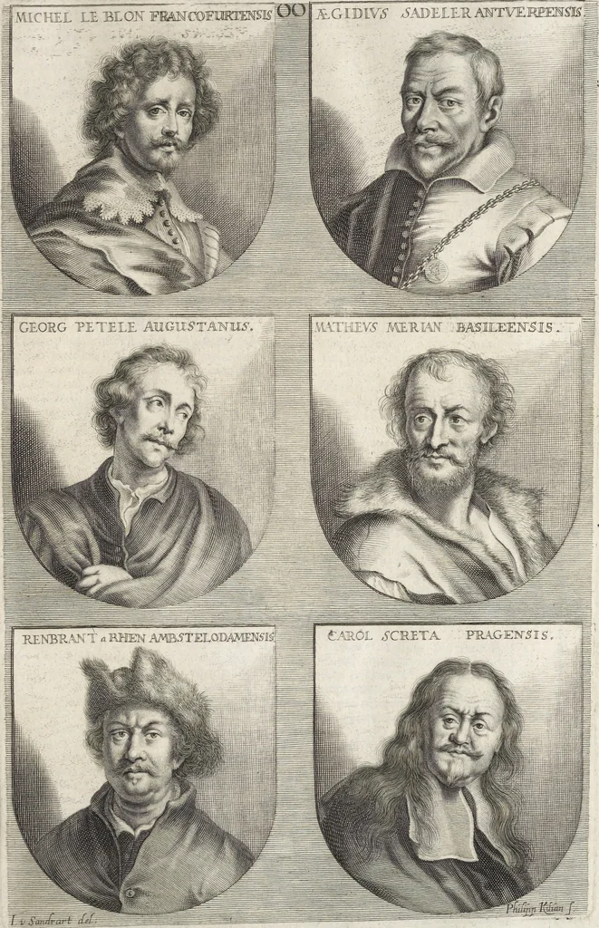 An illustration from Joachimi de Sandrart, à Stockau ... Academia nobilissimae artis pictoriae, sive, De veris & genuinis hujusdem proprietatibus, theorematibus, secretis atque requisitis aliis ... : unà cum artificum tam Aegyptiorum, Graecorum & Romanorum, quàm Italorum, Gallorum, Anglorum, Germanorum, Belgarum, aliorumq[ue] ... vitis atque encomiis ... : eorundemque plusquàm ducentis iconibus ... aere expressis, erecta atq[ue] publicata, 1683, leaf 454