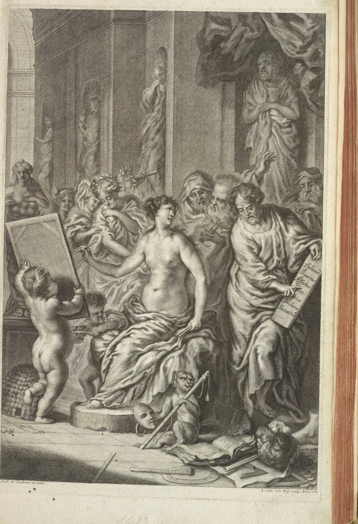 An illustration from Joachimi de Sandrart, à Stockau ... Academia nobilissimae artis pictoriae, sive, De veris & genuinis hujusdem proprietatibus, theorematibus, secretis atque requisitis aliis ... : unà cum artificum tam Aegyptiorum, Graecorum & Romanorum, quàm Italorum, Gallorum, Anglorum, Germanorum, Belgarum, aliorumq[ue] ... vitis atque encomiis ... : eorundemque plusquàm ducentis iconibus ... aere expressis, erecta atq[ue] publicata, 1683, leaf 6