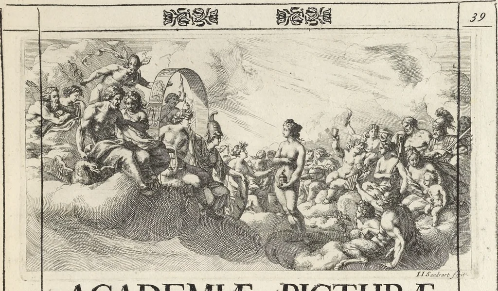 An illustration from Joachimi de Sandrart, à Stockau ... Academia nobilissimae artis pictoriae, sive, De veris & genuinis hujusdem proprietatibus, theorematibus, secretis atque requisitis aliis ... : unà cum artificum tam Aegyptiorum, Graecorum & Romanorum, quàm Italorum, Gallorum, Anglorum, Germanorum, Belgarum, aliorumq[ue] ... vitis atque encomiis ... : eorundemque plusquàm ducentis iconibus ... aere expressis, erecta atq[ue] publicata, 1683, leaf 68