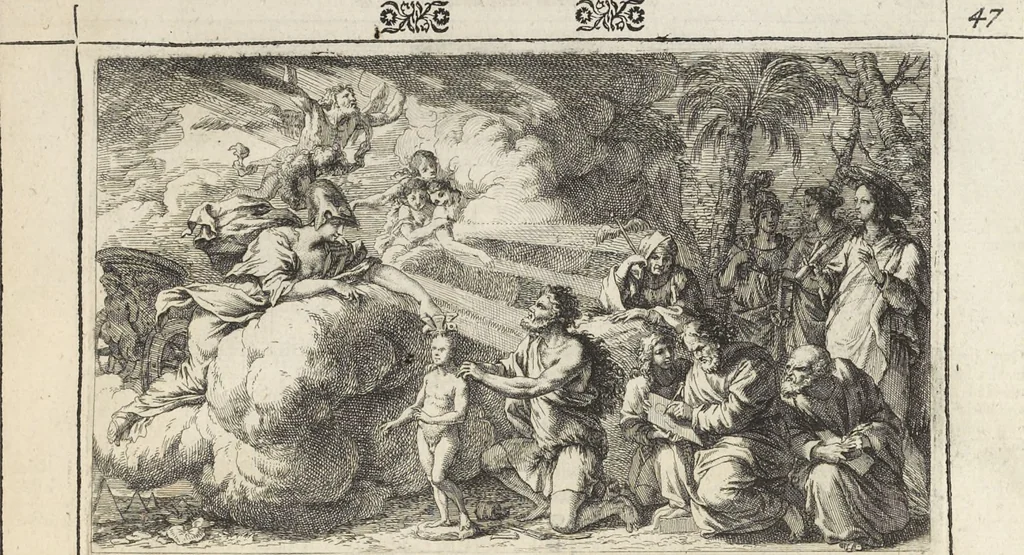 An illustration from Joachimi de Sandrart, à Stockau ... Academia nobilissimae artis pictoriae, sive, De veris & genuinis hujusdem proprietatibus, theorematibus, secretis atque requisitis aliis ... : unà cum artificum tam Aegyptiorum, Graecorum & Romanorum, quàm Italorum, Gallorum, Anglorum, Germanorum, Belgarum, aliorumq[ue] ... vitis atque encomiis ... : eorundemque plusquàm ducentis iconibus ... aere expressis, erecta atq[ue] publicata, 1683, leaf 80