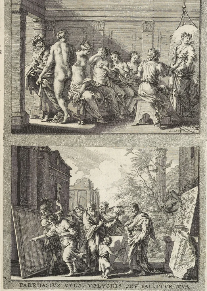 An illustration from Joachimi de Sandrart, à Stockau ... Academia nobilissimae artis pictoriae, sive, De veris & genuinis hujusdem proprietatibus, theorematibus, secretis atque requisitis aliis ... : unà cum artificum tam Aegyptiorum, Graecorum & Romanorum, quàm Italorum, Gallorum, Anglorum, Germanorum, Belgarum, aliorumq[ue] ... vitis atque encomiis ... : eorundemque plusquàm ducentis iconibus ... aere expressis, erecta atq[ue] publicata, 1683, leaf 84