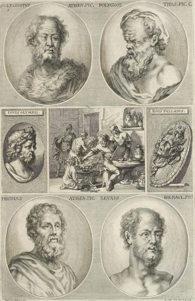 An illustration from Joachimi de Sandrart, à Stockau ... Academia nobilissimae artis pictoriae, sive, De veris & genuinis hujusdem proprietatibus, theorematibus, secretis atque requisitis aliis ... : unà cum artificum tam Aegyptiorum, Graecorum & Romanorum, quàm Italorum, Gallorum, Anglorum, Germanorum, Belgarum, aliorumq[ue] ... vitis atque encomiis ... : eorundemque plusquàm ducentis iconibus ... aere expressis, erecta atq[ue] publicata, 1683, leaf 92