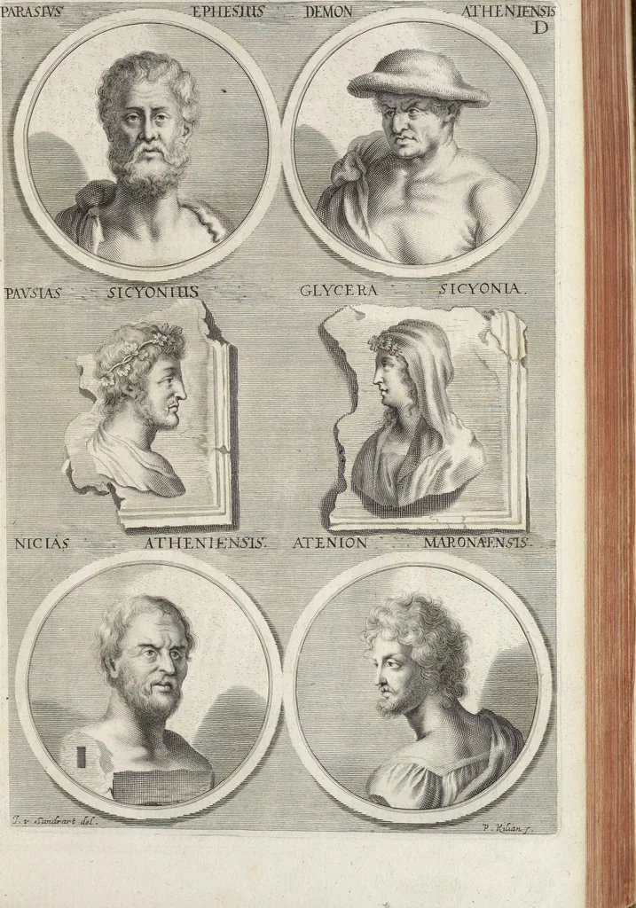 An illustration from Joachimi de Sandrart, à Stockau ... Academia nobilissimae artis pictoriae, sive, De veris & genuinis hujusdem proprietatibus, theorematibus, secretis atque requisitis aliis ... : unà cum artificum tam Aegyptiorum, Graecorum & Romanorum, quàm Italorum, Gallorum, Anglorum, Germanorum, Belgarum, aliorumq[ue] ... vitis atque encomiis ... : eorundemque plusquàm ducentis iconibus ... aere expressis, erecta atq[ue] publicata, 1683, leaf 98