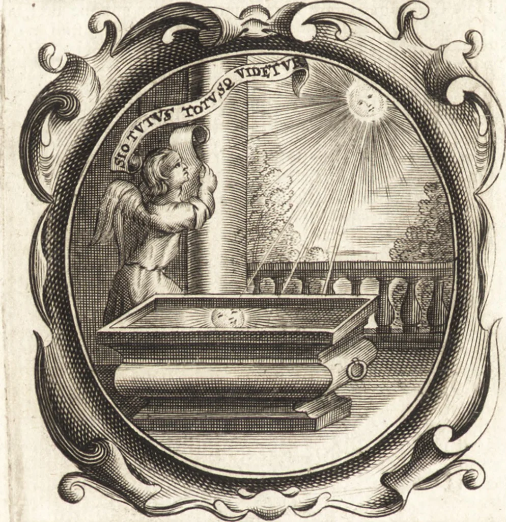 An illustration from Lucis euangelicae sub velum sacrorum emblematum reconditae, pars tertia : hoc est, caeleste pantheon, sive caelum novum in festa et gesta sanctorum totius anni, selectâ historiâ, & morali doctrinâ, 1659, leaf 1083