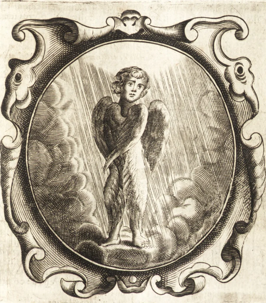 An illustration from Lucis euangelicae sub velum sacrorum emblematum reconditae, pars tertia : hoc est, caeleste pantheon, sive caelum novum in festa et gesta sanctorum totius anni, selectâ historiâ, & morali doctrinâ, 1659, leaf 1134