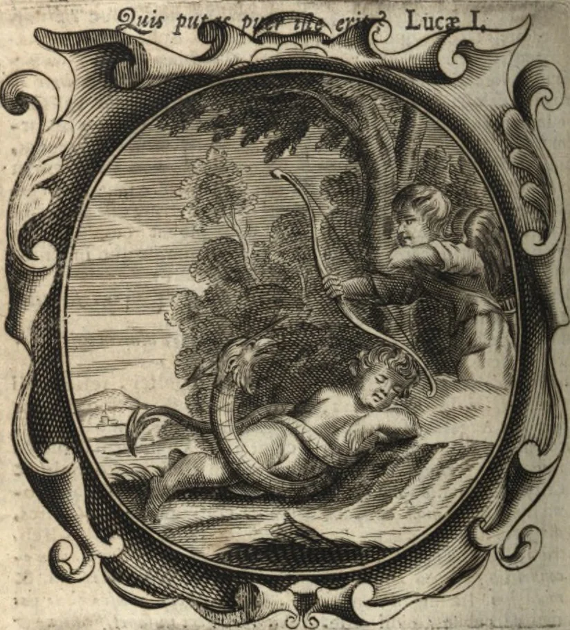 An illustration from Lucis euangelicae sub velum sacrorum emblematum reconditae, pars tertia : hoc est, caeleste pantheon, sive caelum novum in festa et gesta sanctorum totius anni, selectâ historiâ, & morali doctrinâ, 1659, leaf 1157