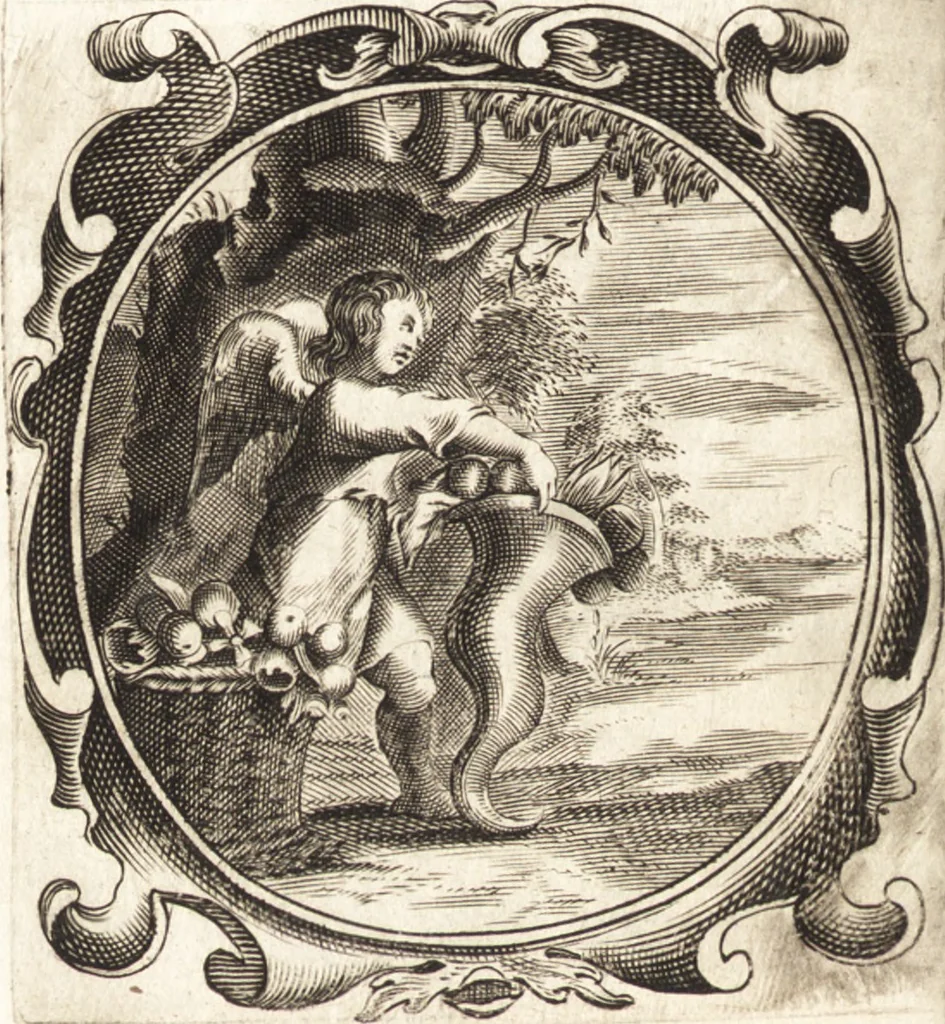 An illustration from Lucis euangelicae sub velum sacrorum emblematum reconditae, pars tertia : hoc est, caeleste pantheon, sive caelum novum in festa et gesta sanctorum totius anni, selectâ historiâ, & morali doctrinâ, 1659, leaf 243