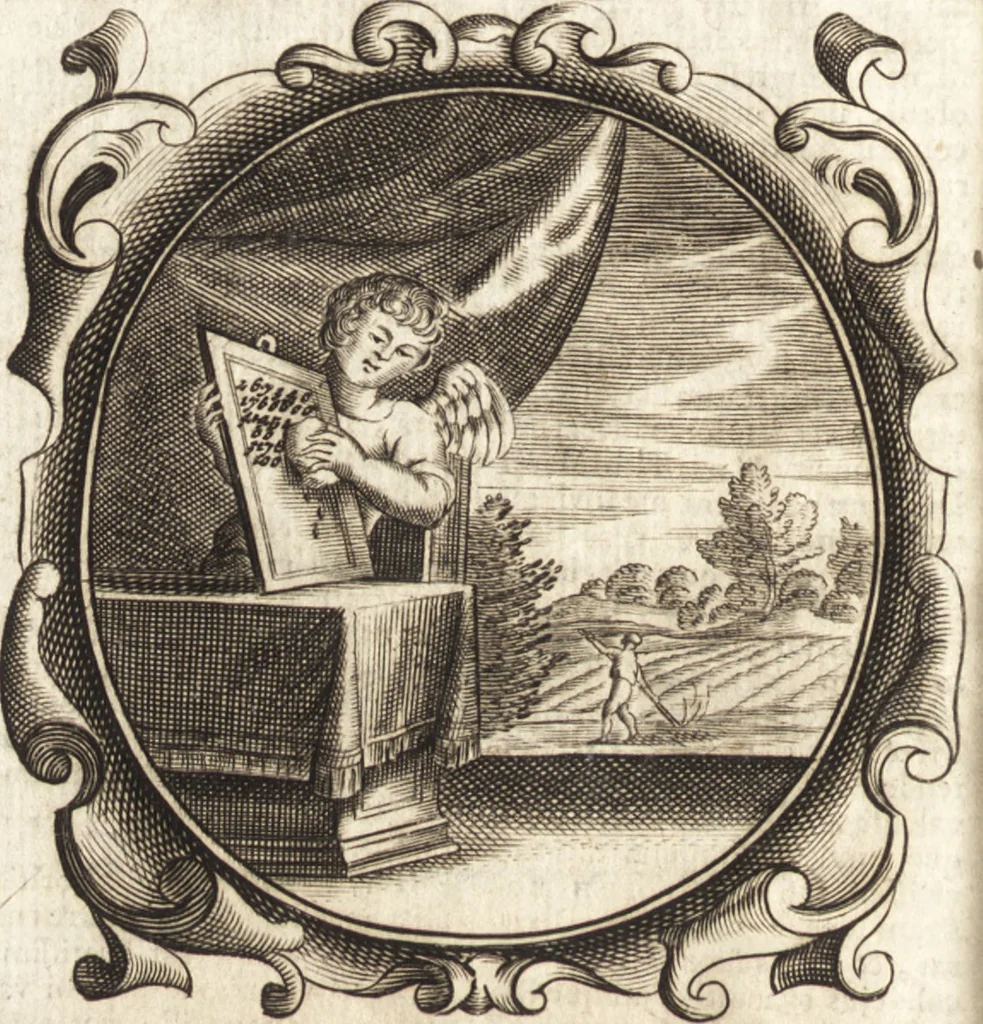 An illustration from Lucis euangelicae sub velum sacrorum emblematum reconditae, pars tertia : hoc est, caeleste pantheon, sive caelum novum in festa et gesta sanctorum totius anni, selectâ historiâ, & morali doctrinâ, 1659, leaf 33