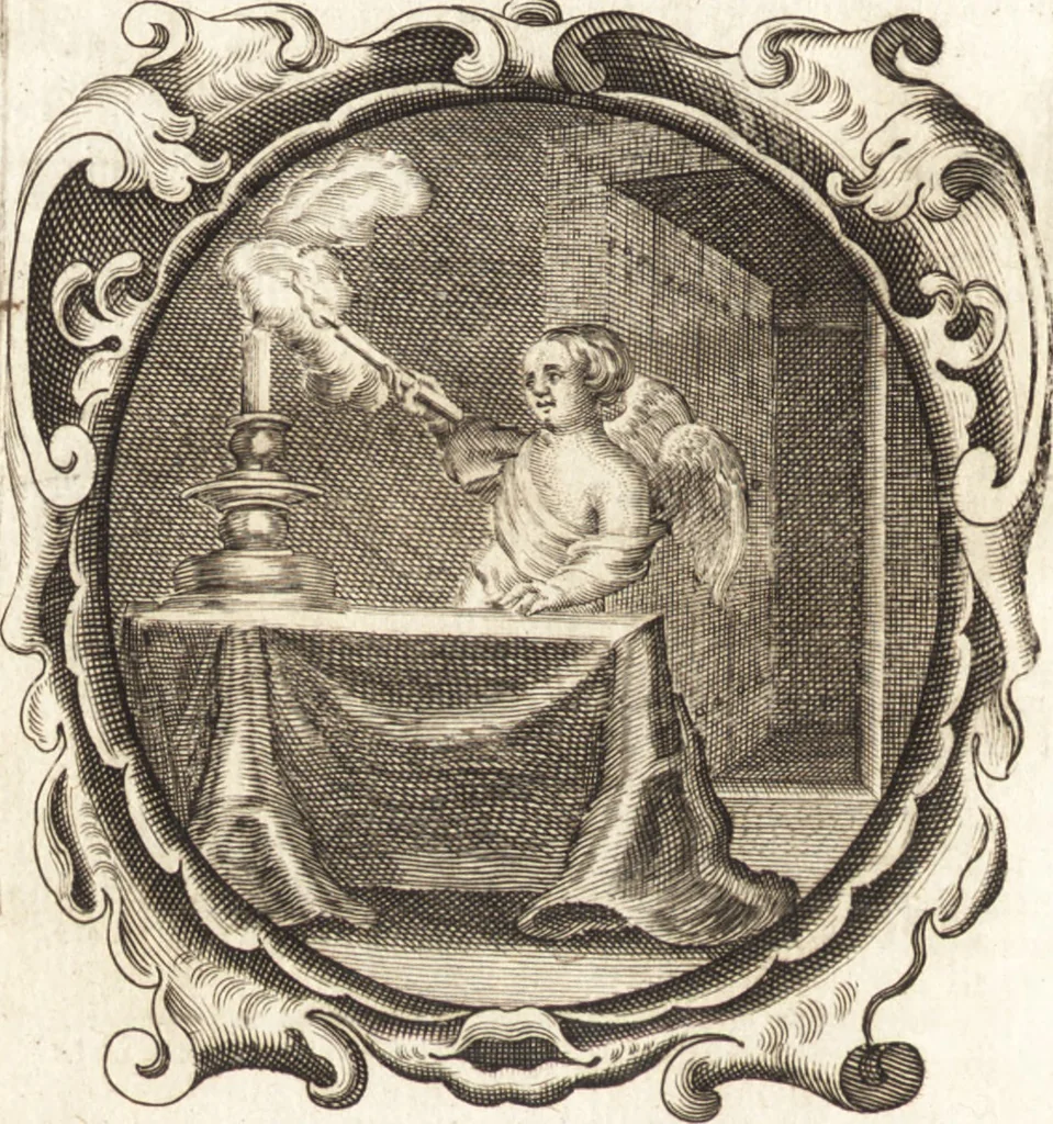 An illustration from Lucis euangelicae sub velum sacrorum emblematum reconditae, pars tertia : hoc est, caeleste pantheon, sive caelum novum in festa et gesta sanctorum totius anni, selectâ historiâ, & morali doctrinâ, 1659, leaf 331