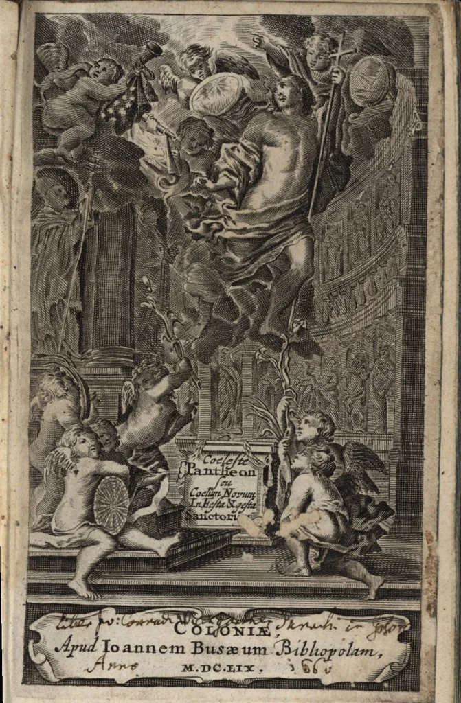 An illustration from Lucis euangelicae sub velum sacrorum emblematum reconditae, pars tertia : hoc est, caeleste pantheon, sive caelum novum in festa et gesta sanctorum totius anni, selectâ historiâ, & morali doctrinâ, 1659, leaf 4