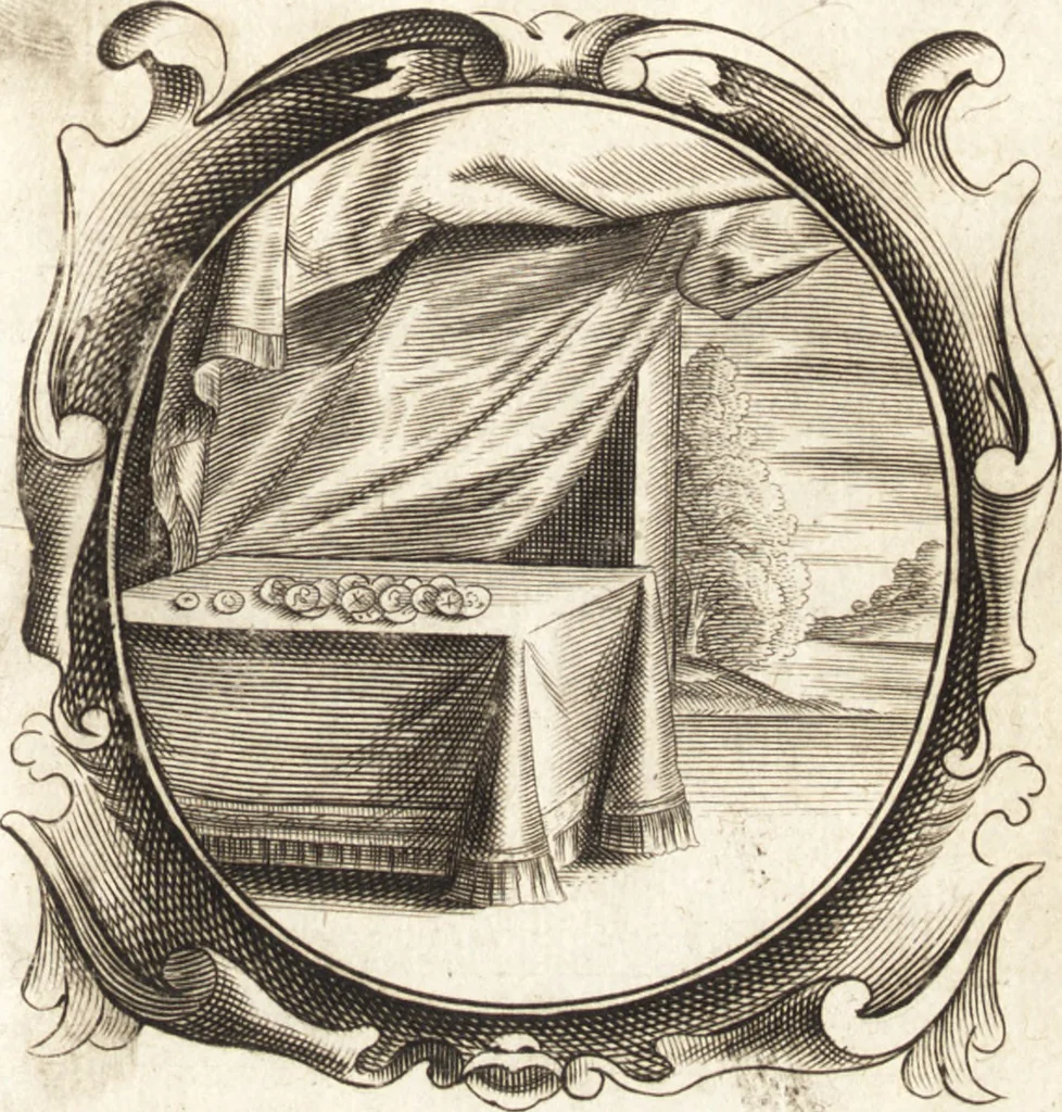An illustration from Lucis euangelicae sub velum sacrorum emblematum reconditae, pars tertia : hoc est, caeleste pantheon, sive caelum novum in festa et gesta sanctorum totius anni, selectâ historiâ, & morali doctrinâ, 1659, leaf 414