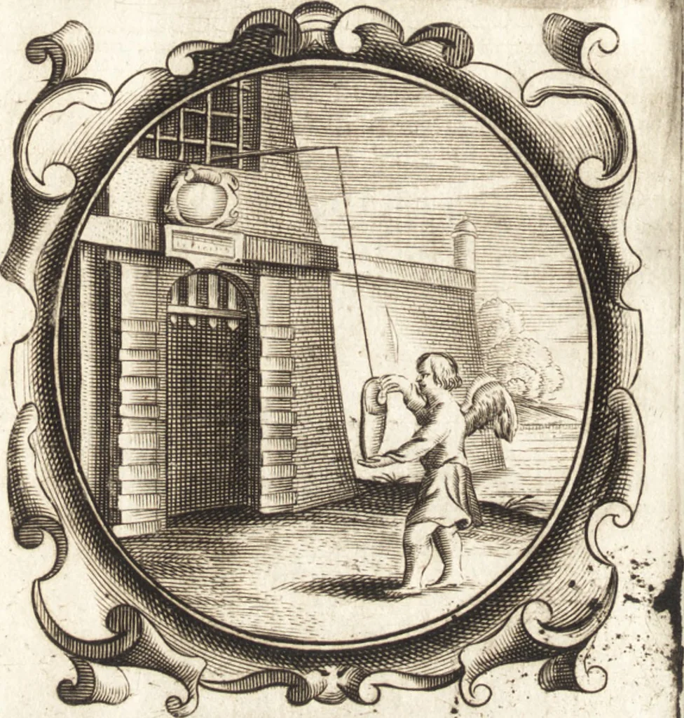 An illustration from Lucis euangelicae sub velum sacrorum emblematum reconditae, pars tertia : hoc est, caeleste pantheon, sive caelum novum in festa et gesta sanctorum totius anni, selectâ historiâ, & morali doctrinâ, 1659, leaf 429