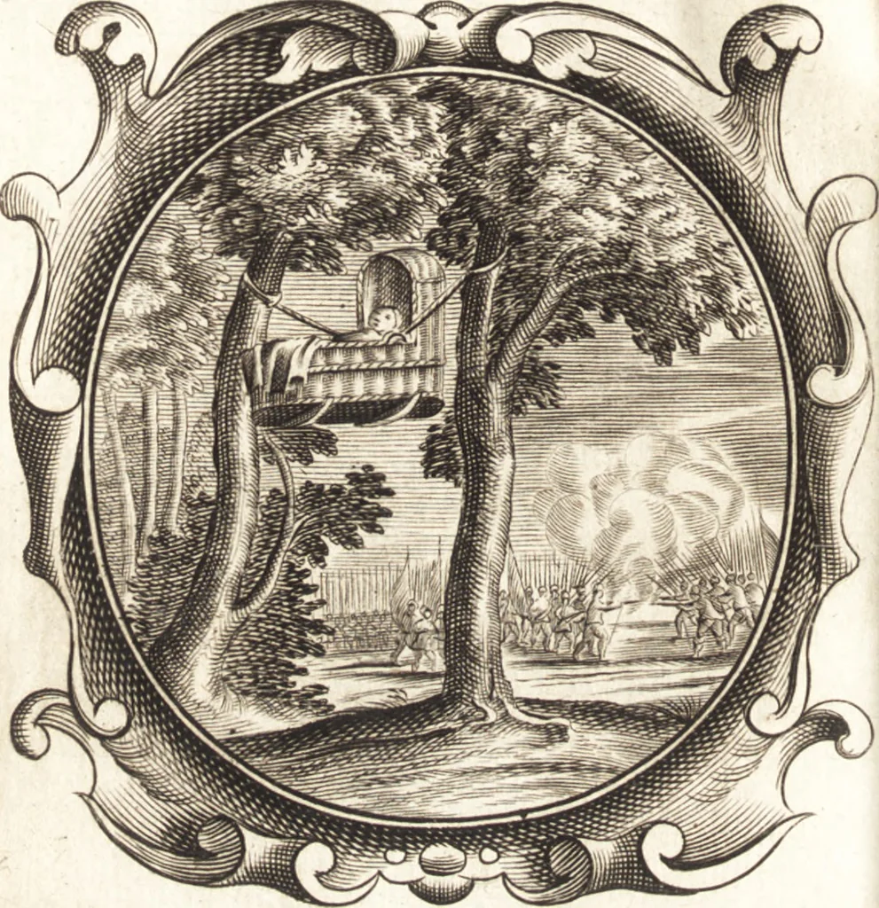 An illustration from Lucis euangelicae sub velum sacrorum emblematum reconditae, pars tertia : hoc est, caeleste pantheon, sive caelum novum in festa et gesta sanctorum totius anni, selectâ historiâ, & morali doctrinâ, 1659, leaf 497