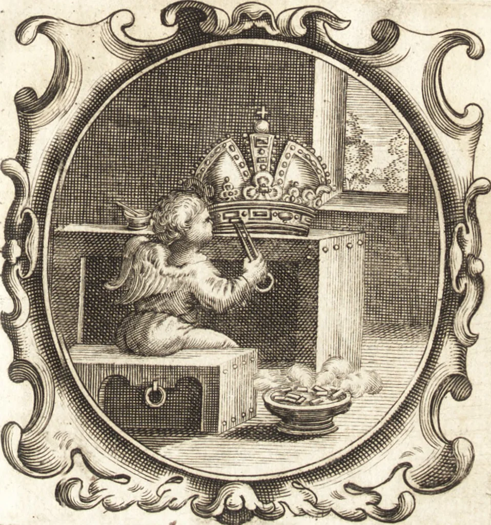 An illustration from Lucis euangelicae sub velum sacrorum emblematum reconditae, pars tertia : hoc est, caeleste pantheon, sive caelum novum in festa et gesta sanctorum totius anni, selectâ historiâ, & morali doctrinâ, 1659, leaf 512