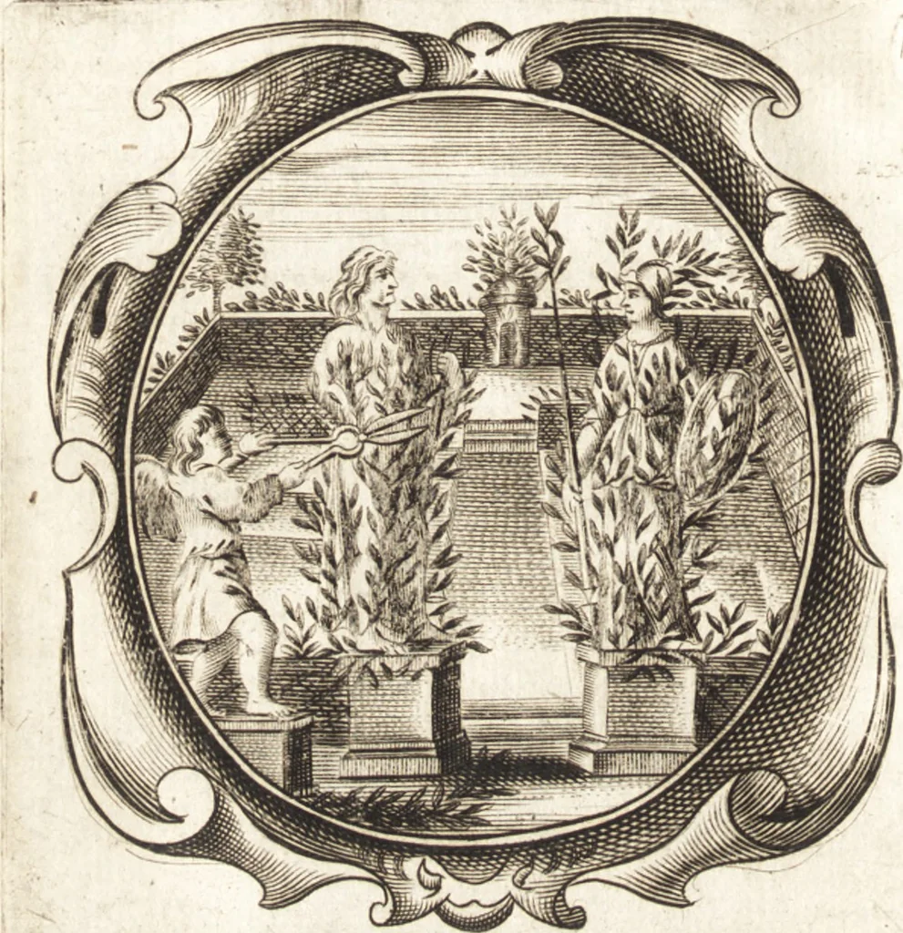 An illustration from Lucis euangelicae sub velum sacrorum emblematum reconditae, pars tertia : hoc est, caeleste pantheon, sive caelum novum in festa et gesta sanctorum totius anni, selectâ historiâ, & morali doctrinâ, 1659, leaf 567