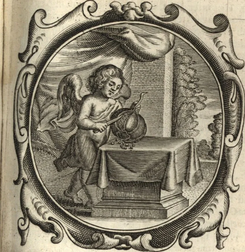 An illustration from Lucis euangelicae sub velum sacrorum emblematum reconditae, pars tertia : hoc est, caeleste pantheon, sive caelum novum in festa et gesta sanctorum totius anni, selectâ historiâ, & morali doctrinâ, 1659, leaf 582
