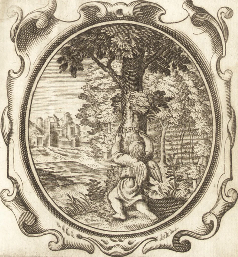 An illustration from Lucis euangelicae sub velum sacrorum emblematum reconditae, pars tertia : hoc est, caeleste pantheon, sive caelum novum in festa et gesta sanctorum totius anni, selectâ historiâ, & morali doctrinâ, 1659, leaf 726