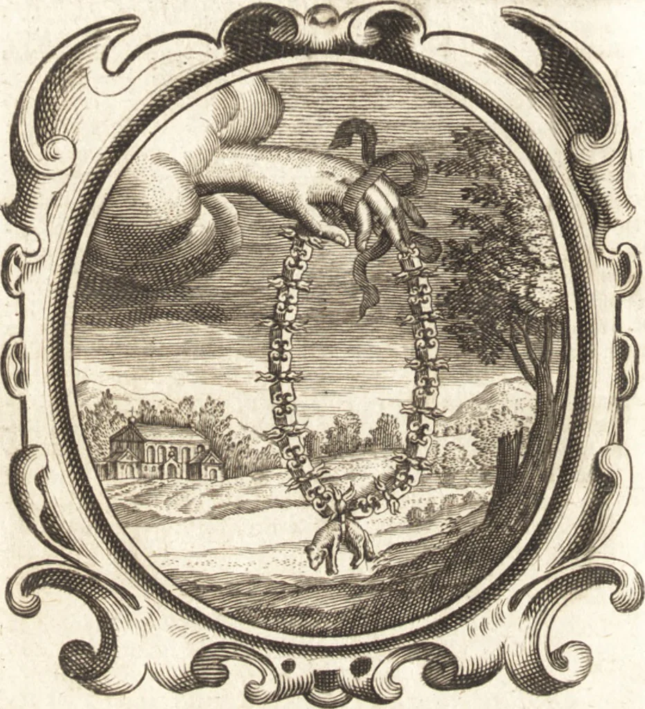 An illustration from Lucis euangelicae sub velum sacrorum emblematum reconditae, pars tertia : hoc est, caeleste pantheon, sive caelum novum in festa et gesta sanctorum totius anni, selectâ historiâ, & morali doctrinâ, 1659, leaf 841