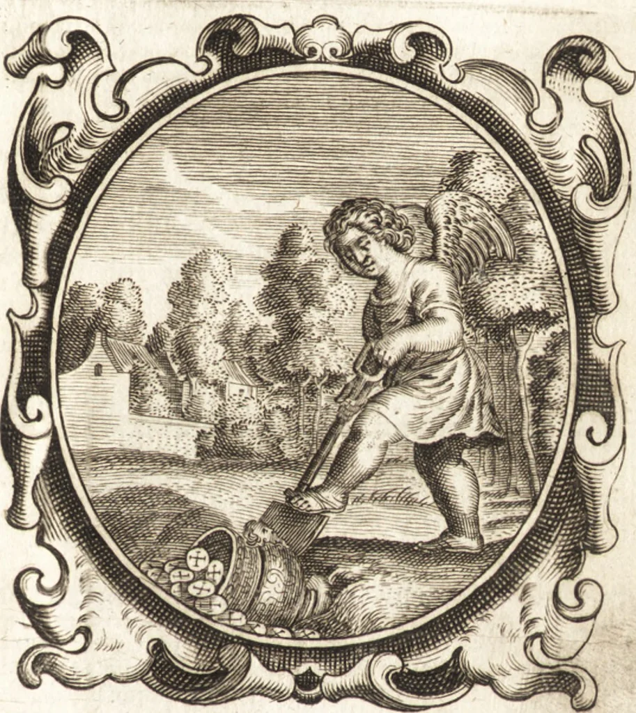 An illustration from Lucis euangelicae sub velum sacrorum emblematum reconditae, pars tertia : hoc est, caeleste pantheon, sive caelum novum in festa et gesta sanctorum totius anni, selectâ historiâ, & morali doctrinâ, 1659, leaf 984