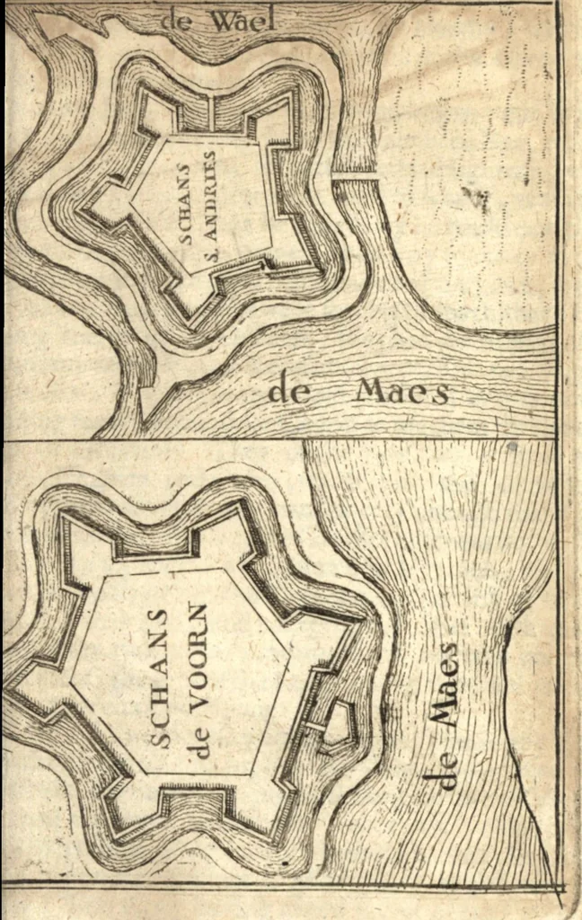 An illustration from The Netherland-historian : containing a true and exact relation of what hath passed in the late warrs between the King of Great Britain, and the French King with their allyes, against the States Generall of the United Provinces, from the beginning thereof anno. 1671 to the conclusion of peace between His aforesaid Majesty of Britain, and the said States, with the continuation of what hath since happened between France and his allyes, against the said States, and their confœderates, to the end of the year 1674 : illustrated with above 60 sculptures, being the exact delineations of the most principall fortifications in those provinces, and the pourtraictures of severall mighty princes and eminent officers, 1675, leaf 104