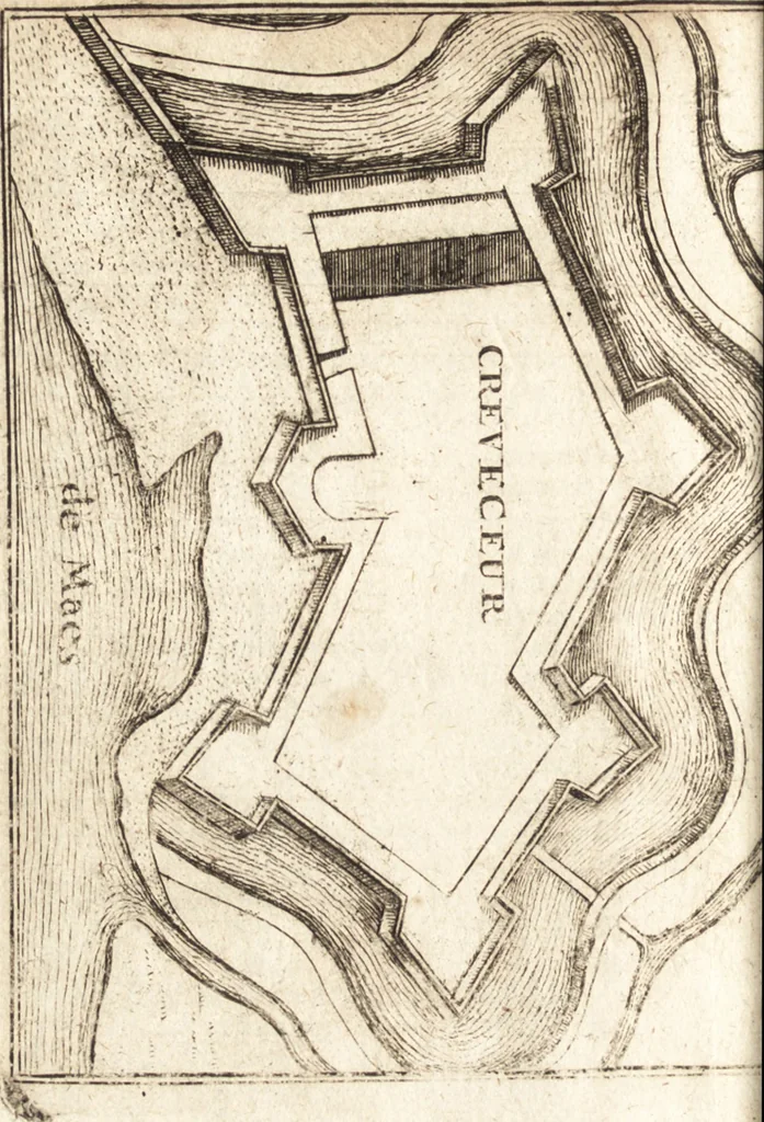 An illustration from The Netherland-historian : containing a true and exact relation of what hath passed in the late warrs between the King of Great Britain, and the French King with their allyes, against the States Generall of the United Provinces, from the beginning thereof anno. 1671 to the conclusion of peace between His aforesaid Majesty of Britain, and the said States, with the continuation of what hath since happened between France and his allyes, against the said States, and their confœderates, to the end of the year 1674 : illustrated with above 60 sculptures, being the exact delineations of the most principall fortifications in those provinces, and the pourtraictures of severall mighty princes and eminent officers, 1675, leaf 109