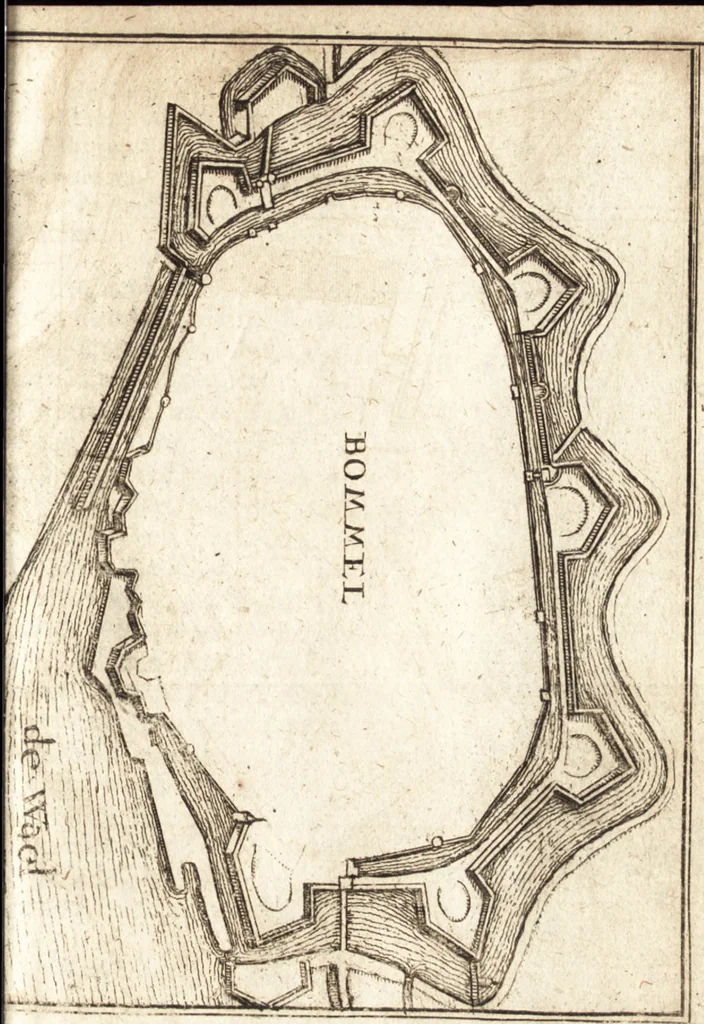 An illustration from The Netherland-historian : containing a true and exact relation of what hath passed in the late warrs between the King of Great Britain, and the French King with their allyes, against the States Generall of the United Provinces, from the beginning thereof anno. 1671 to the conclusion of peace between His aforesaid Majesty of Britain, and the said States, with the continuation of what hath since happened between France and his allyes, against the said States, and their confœderates, to the end of the year 1674 : illustrated with above 60 sculptures, being the exact delineations of the most principall fortifications in those provinces, and the pourtraictures of severall mighty princes and eminent officers, 1675, leaf 110