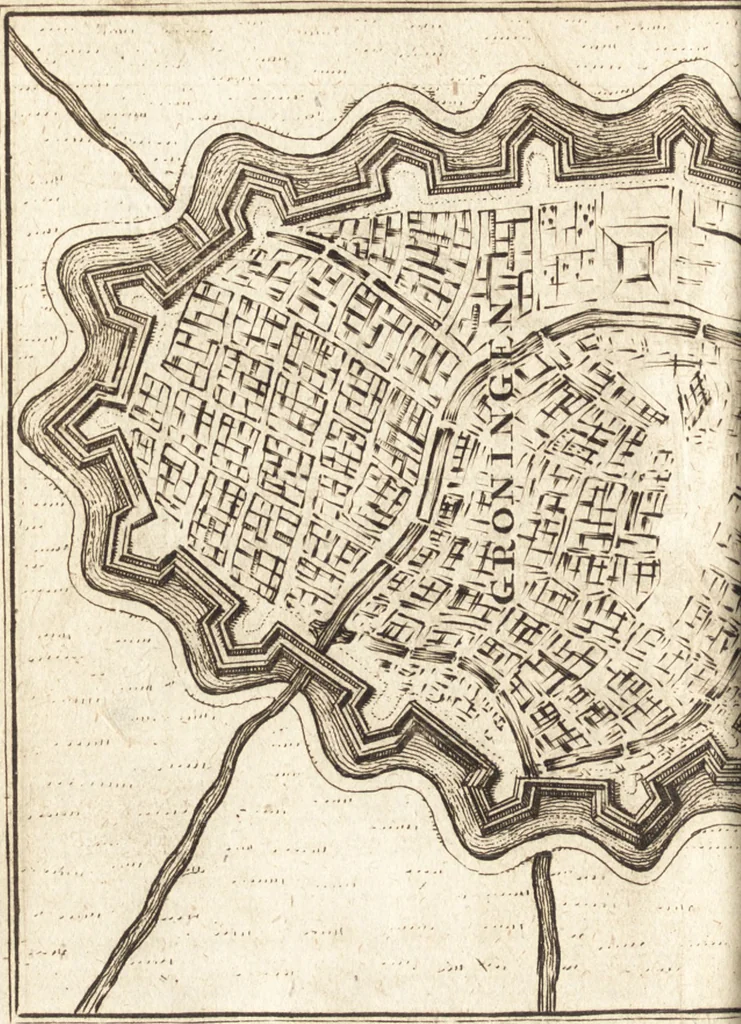 An illustration from The Netherland-historian : containing a true and exact relation of what hath passed in the late warrs between the King of Great Britain, and the French King with their allyes, against the States Generall of the United Provinces, from the beginning thereof anno. 1671 to the conclusion of peace between His aforesaid Majesty of Britain, and the said States, with the continuation of what hath since happened between France and his allyes, against the said States, and their confœderates, to the end of the year 1674 : illustrated with above 60 sculptures, being the exact delineations of the most principall fortifications in those provinces, and the pourtraictures of severall mighty princes and eminent officers, 1675, leaf 121