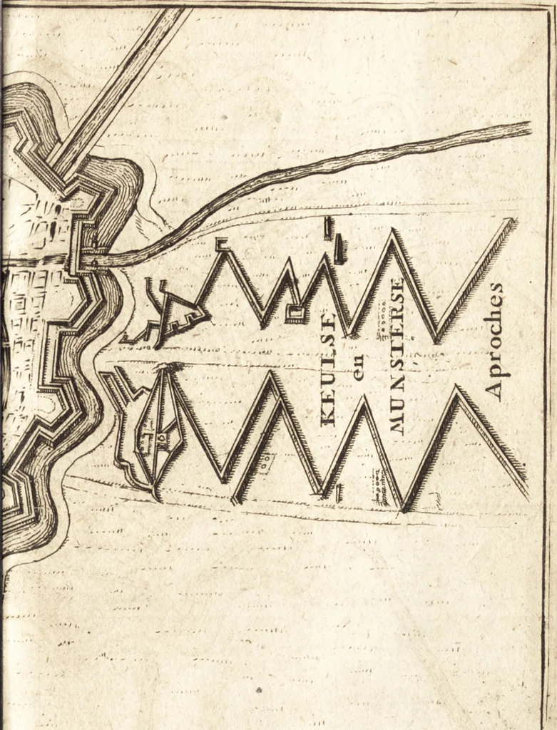 An illustration from The Netherland-historian : containing a true and exact relation of what hath passed in the late warrs between the King of Great Britain, and the French King with their allyes, against the States Generall of the United Provinces, from the beginning thereof anno. 1671 to the conclusion of peace between His aforesaid Majesty of Britain, and the said States, with the continuation of what hath since happened between France and his allyes, against the said States, and their confœderates, to the end of the year 1674 : illustrated with above 60 sculptures, being the exact delineations of the most principall fortifications in those provinces, and the pourtraictures of severall mighty princes and eminent officers, 1675, leaf 122