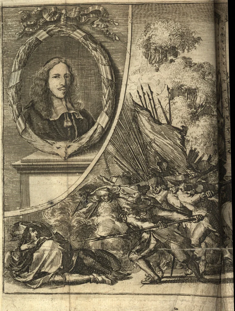 An illustration from The Netherland-historian : containing a true and exact relation of what hath passed in the late warrs between the King of Great Britain, and the French King with their allyes, against the States Generall of the United Provinces, from the beginning thereof anno. 1671 to the conclusion of peace between His aforesaid Majesty of Britain, and the said States, with the continuation of what hath since happened between France and his allyes, against the said States, and their confœderates, to the end of the year 1674 : illustrated with above 60 sculptures, being the exact delineations of the most principall fortifications in those provinces, and the pourtraictures of severall mighty princes and eminent officers, 1675, leaf 137