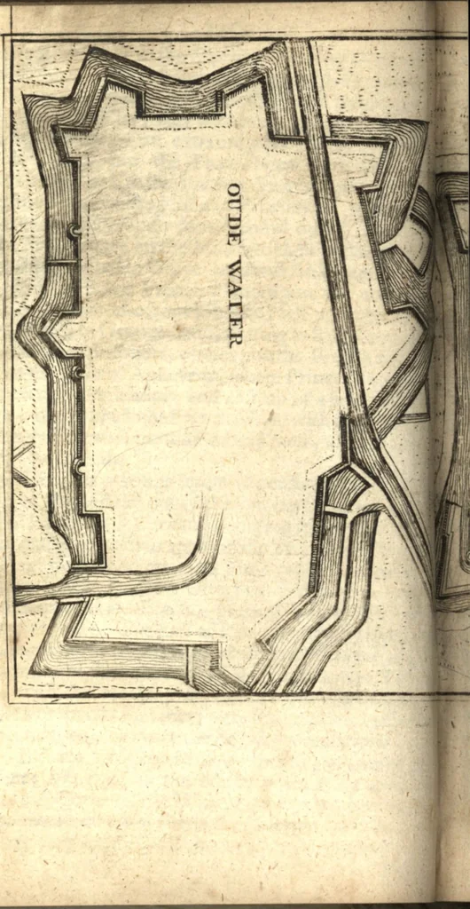 An illustration from The Netherland-historian : containing a true and exact relation of what hath passed in the late warrs between the King of Great Britain, and the French King with their allyes, against the States Generall of the United Provinces, from the beginning thereof anno. 1671 to the conclusion of peace between His aforesaid Majesty of Britain, and the said States, with the continuation of what hath since happened between France and his allyes, against the said States, and their confœderates, to the end of the year 1674 : illustrated with above 60 sculptures, being the exact delineations of the most principall fortifications in those provinces, and the pourtraictures of severall mighty princes and eminent officers, 1675, leaf 147