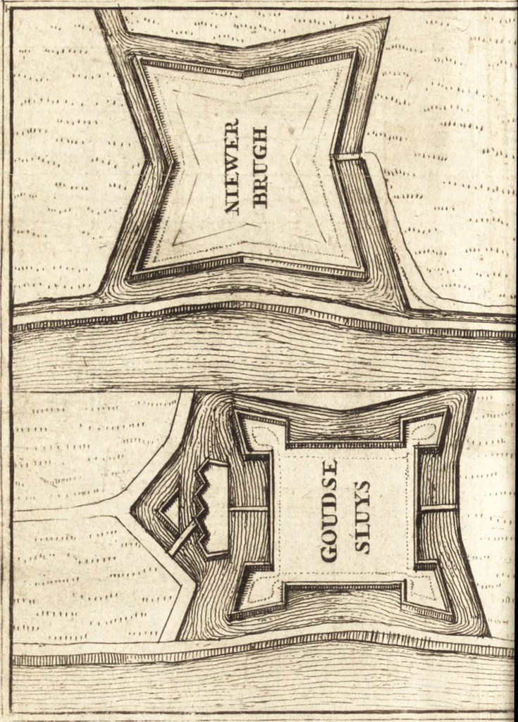 An illustration from The Netherland-historian : containing a true and exact relation of what hath passed in the late warrs between the King of Great Britain, and the French King with their allyes, against the States Generall of the United Provinces, from the beginning thereof anno. 1671 to the conclusion of peace between His aforesaid Majesty of Britain, and the said States, with the continuation of what hath since happened between France and his allyes, against the said States, and their confœderates, to the end of the year 1674 : illustrated with above 60 sculptures, being the exact delineations of the most principall fortifications in those provinces, and the pourtraictures of severall mighty princes and eminent officers, 1675, leaf 173