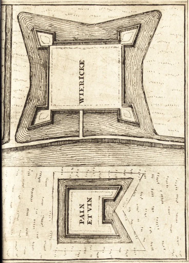 An illustration from The Netherland-historian : containing a true and exact relation of what hath passed in the late warrs between the King of Great Britain, and the French King with their allyes, against the States Generall of the United Provinces, from the beginning thereof anno. 1671 to the conclusion of peace between His aforesaid Majesty of Britain, and the said States, with the continuation of what hath since happened between France and his allyes, against the said States, and their confœderates, to the end of the year 1674 : illustrated with above 60 sculptures, being the exact delineations of the most principall fortifications in those provinces, and the pourtraictures of severall mighty princes and eminent officers, 1675, leaf 174