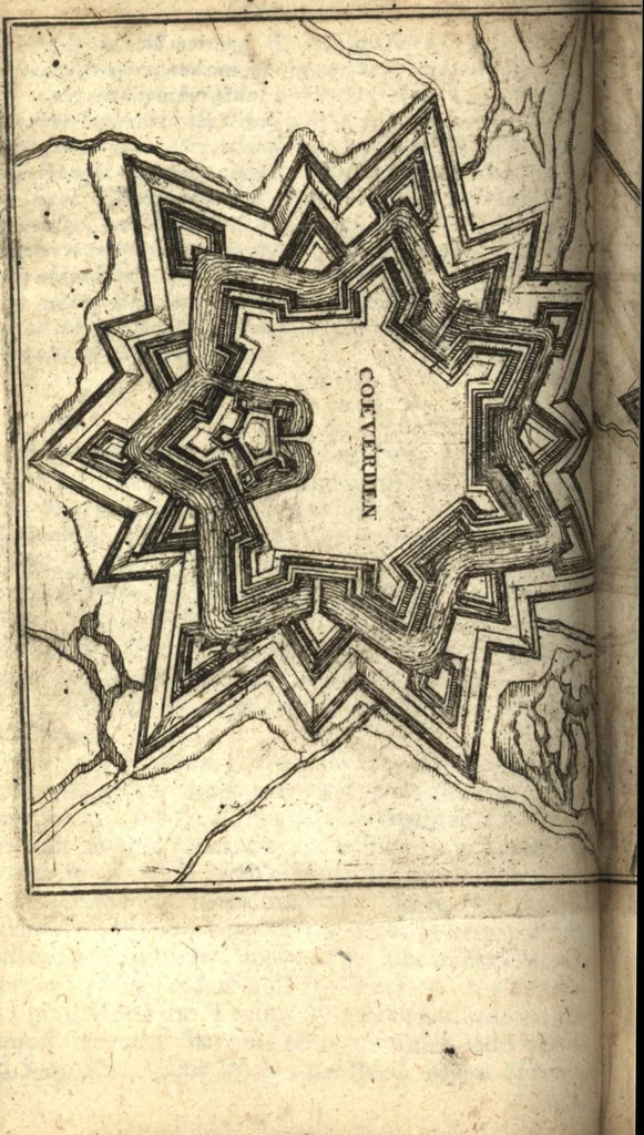 An illustration from The Netherland-historian : containing a true and exact relation of what hath passed in the late warrs between the King of Great Britain, and the French King with their allyes, against the States Generall of the United Provinces, from the beginning thereof anno. 1671 to the conclusion of peace between His aforesaid Majesty of Britain, and the said States, with the continuation of what hath since happened between France and his allyes, against the said States, and their confœderates, to the end of the year 1674 : illustrated with above 60 sculptures, being the exact delineations of the most principall fortifications in those provinces, and the pourtraictures of severall mighty princes and eminent officers, 1675, leaf 181