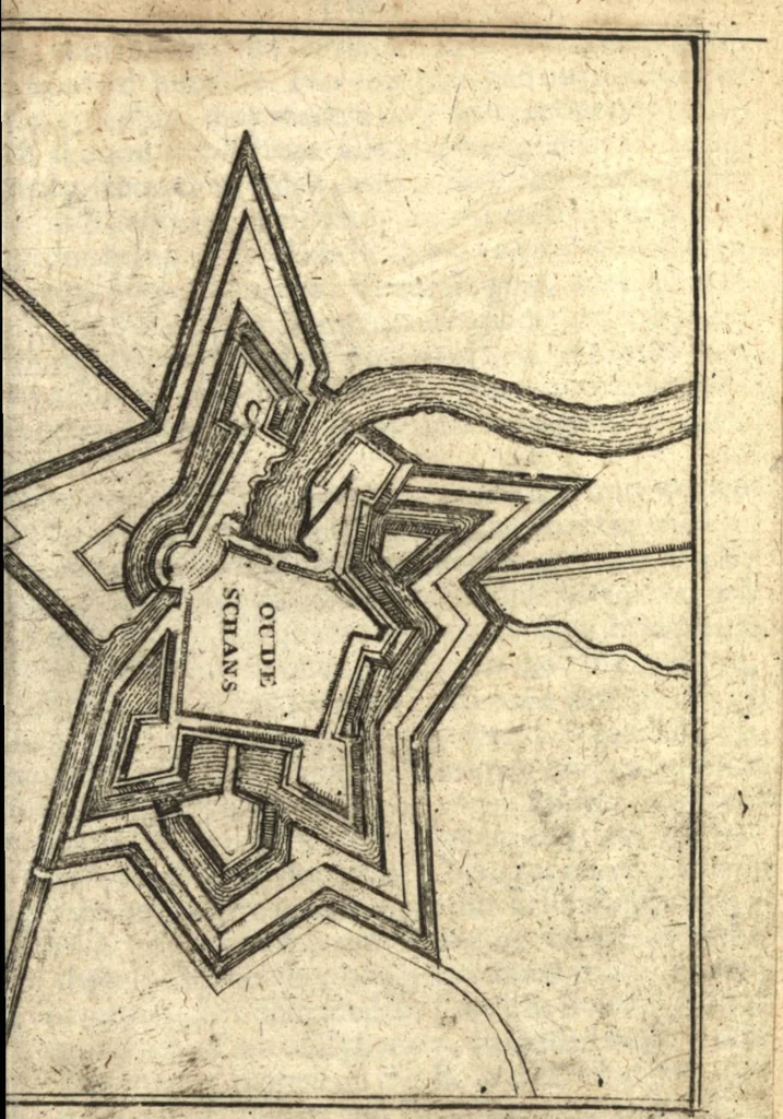 An illustration from The Netherland-historian : containing a true and exact relation of what hath passed in the late warrs between the King of Great Britain, and the French King with their allyes, against the States Generall of the United Provinces, from the beginning thereof anno. 1671 to the conclusion of peace between His aforesaid Majesty of Britain, and the said States, with the continuation of what hath since happened between France and his allyes, against the said States, and their confœderates, to the end of the year 1674 : illustrated with above 60 sculptures, being the exact delineations of the most principall fortifications in those provinces, and the pourtraictures of severall mighty princes and eminent officers, 1675, leaf 182
