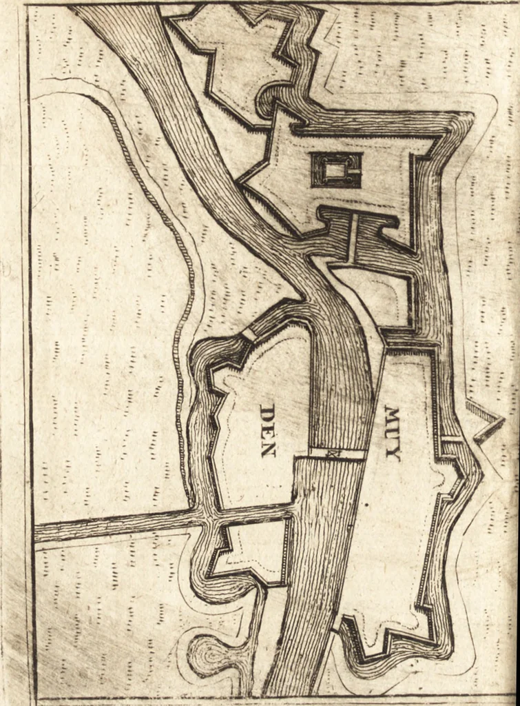 An illustration from The Netherland-historian : containing a true and exact relation of what hath passed in the late warrs between the King of Great Britain, and the French King with their allyes, against the States Generall of the United Provinces, from the beginning thereof anno. 1671 to the conclusion of peace between His aforesaid Majesty of Britain, and the said States, with the continuation of what hath since happened between France and his allyes, against the said States, and their confœderates, to the end of the year 1674 : illustrated with above 60 sculptures, being the exact delineations of the most principall fortifications in those provinces, and the pourtraictures of severall mighty princes and eminent officers, 1675, leaf 269