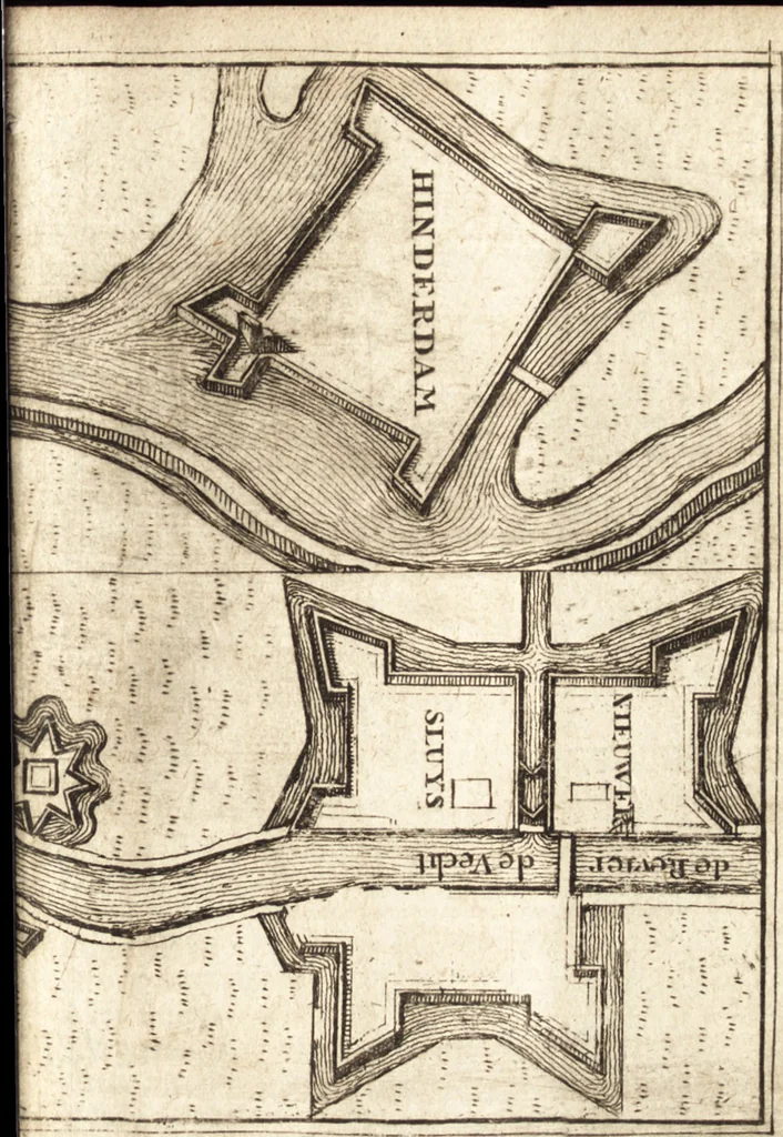 An illustration from The Netherland-historian : containing a true and exact relation of what hath passed in the late warrs between the King of Great Britain, and the French King with their allyes, against the States Generall of the United Provinces, from the beginning thereof anno. 1671 to the conclusion of peace between His aforesaid Majesty of Britain, and the said States, with the continuation of what hath since happened between France and his allyes, against the said States, and their confœderates, to the end of the year 1674 : illustrated with above 60 sculptures, being the exact delineations of the most principall fortifications in those provinces, and the pourtraictures of severall mighty princes and eminent officers, 1675, leaf 270